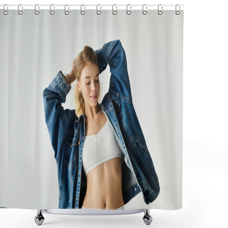 Personality  A Confident Young Woman Models A Relaxed Outfit, Blending Comfort With Modern Aesthetic Flair. Shower Curtains