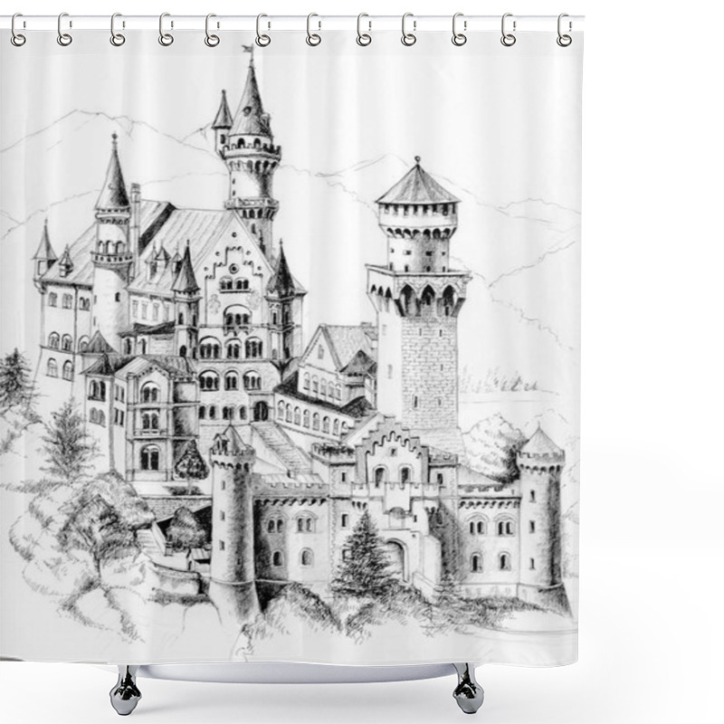 Personality  Neuschwanstein German Castle Freehand Drawn With Ballpoint Pen Shower Curtains