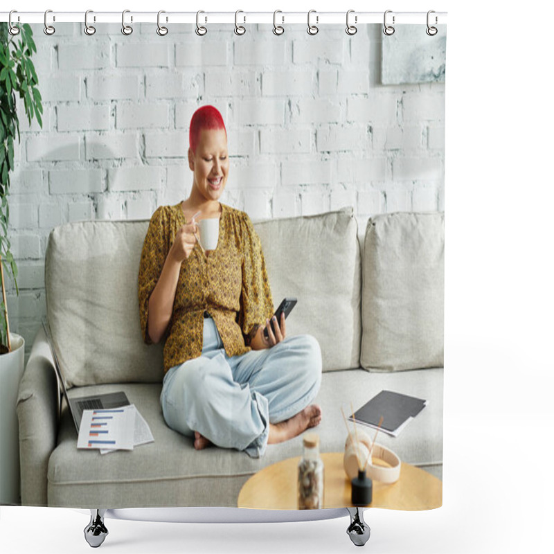 Personality  A Happy Bald Woman Smiles With Her Coffee, Relaxed While Using Her Smartphone. Shower Curtains