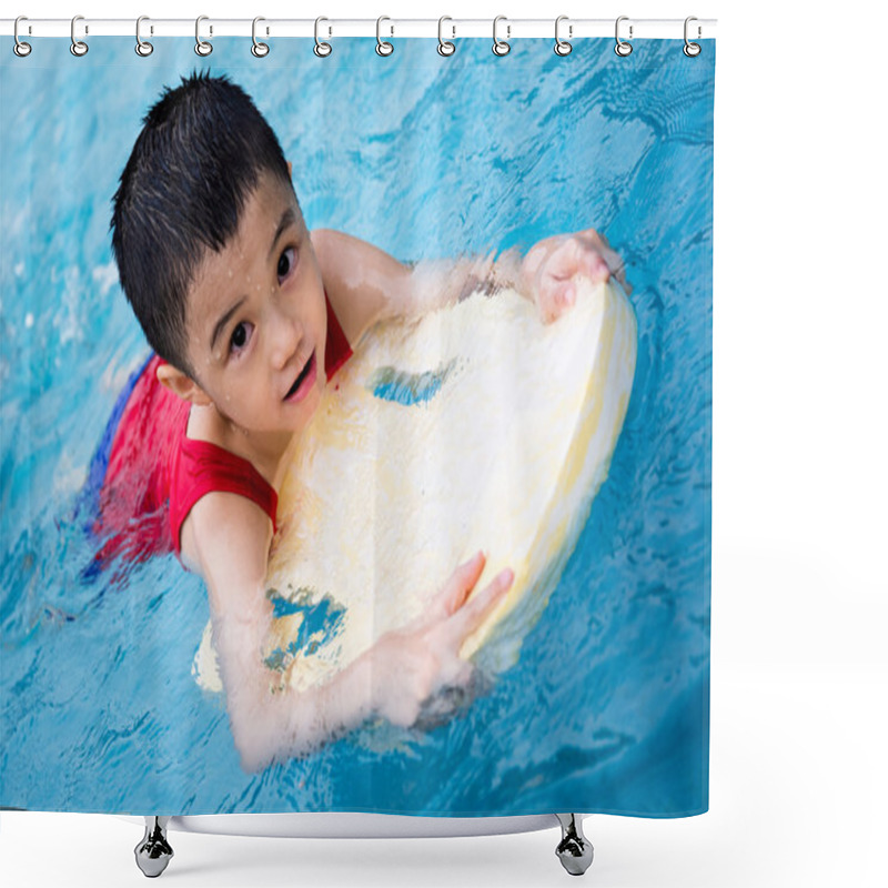 Personality  Asian Chinese Little Boy Swimming With Floating Board Shower Curtains