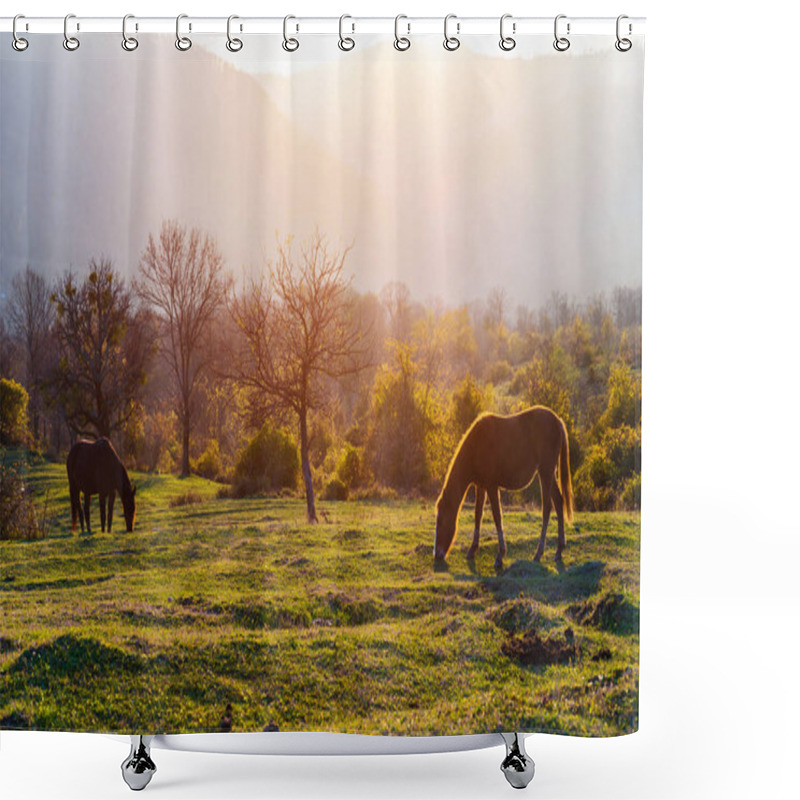 Personality  Autumn Landscape, Horses Grazing At Sunset In The Mountains Shower Curtains