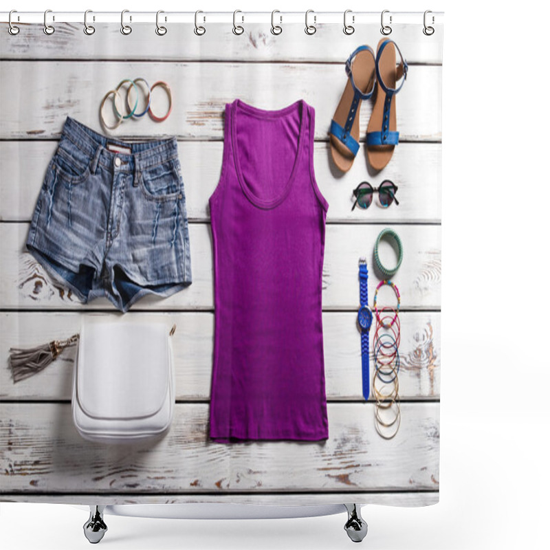 Personality  Womans Purple Top And Shorts. Shower Curtains