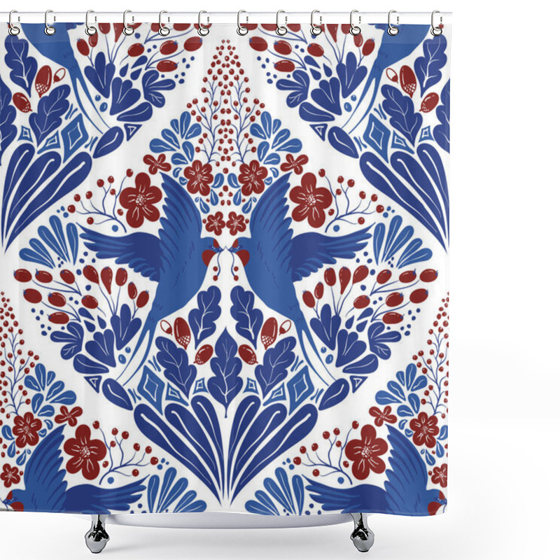 Personality  Vector Seamless Pattern With Hand-draw Birds. Symmetrical Pattern With Swallows, Berries And Flowers In Classic Blue Red White Colors. Shower Curtains