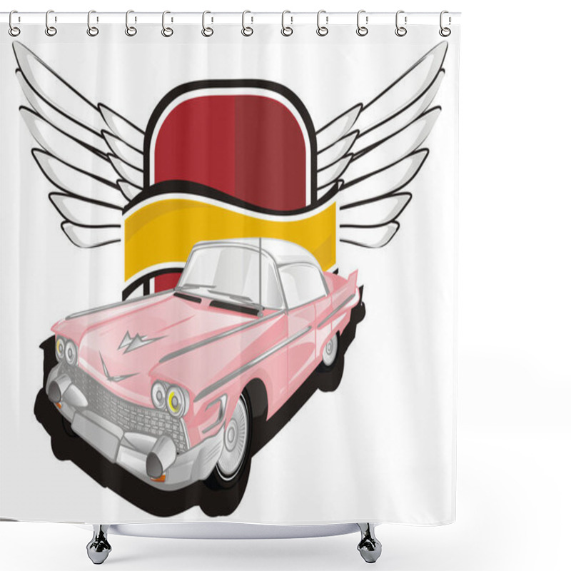 Personality  Pink Old Car With Banner With Wings Shower Curtains