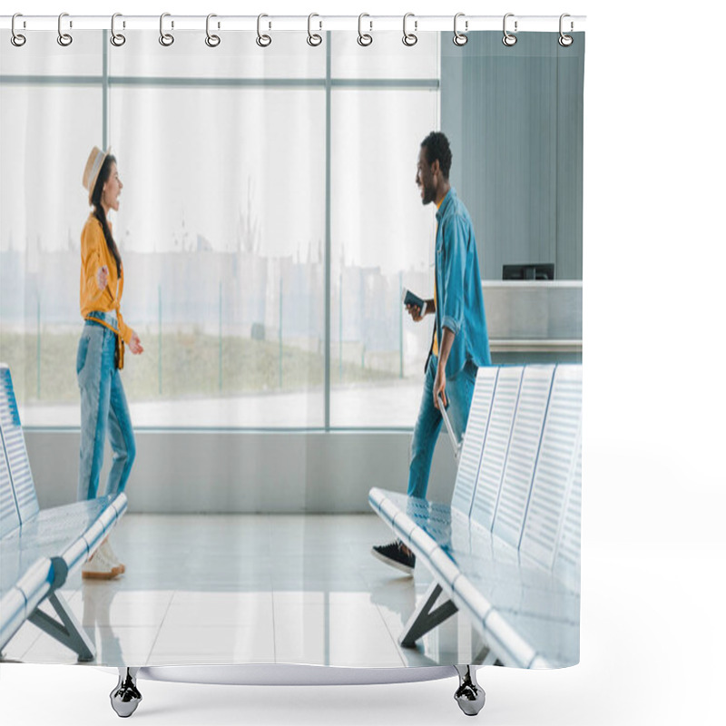 Personality  Side View Of Happy African American Man Walking Towards Smiling Girlfriend In Airport Shower Curtains