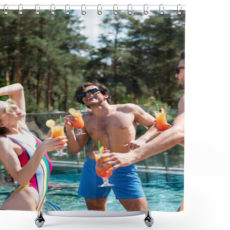 Personality  Happy Man With Cocktail Standing Near Multiethnic Friends And Swimming Pool During Weekend  Shower Curtains