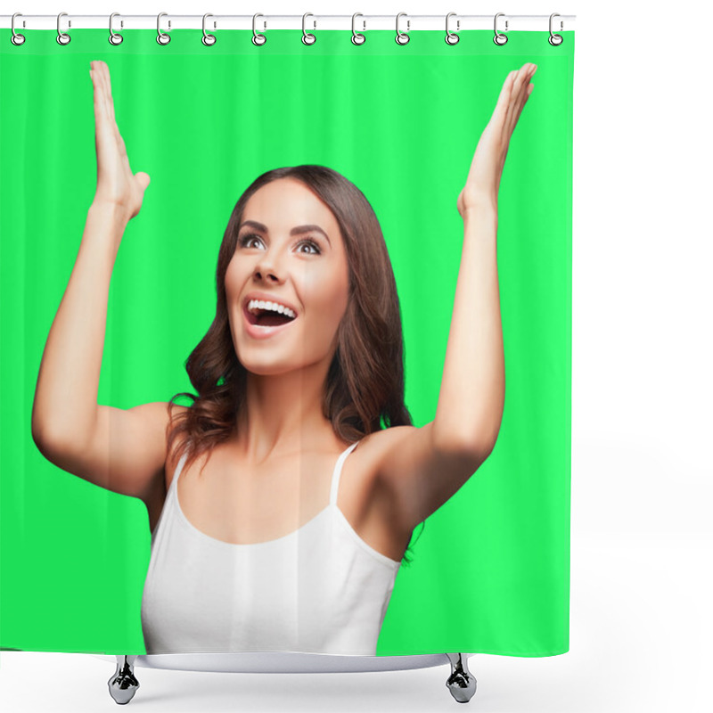 Personality  Happy Gesturing Woman Looking Up, On Green Chroma Key Background Shower Curtains