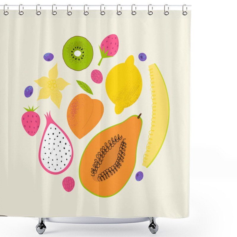 Personality  Fruit Summer Round Print. Cute Tropical Composition With Fruits: Lemon, Dragon Fruit And Others. Shower Curtains