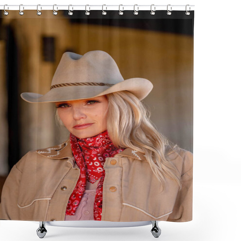 Personality  A Confident, Beautiful Blonde Woman In Classic Cowboy Attire Stands Tall, Posing With A Gleaming Pistol On Her Hip And A Rifle Resting Across Her Shoulder. Her Smile Radiates Energy And Fearless Charm. Shower Curtains