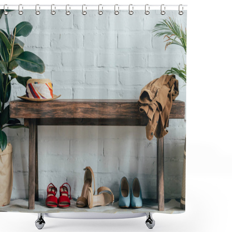 Personality  Different Shoes Under Wooden Bench In Corridor At Home Shower Curtains