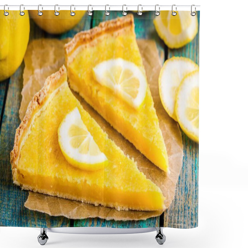 Personality  Two Pieces Of Lemon Tart With Slice Of Lemons Closeup Shower Curtains