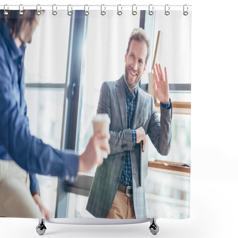 Personality  Businessman Waving Hand To Colleague Shower Curtains