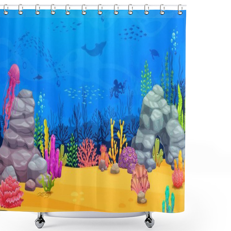 Personality  Cartoon Underwater Landscape With Fish Shoal Silhouettes And Seaweeds. Ocean Or Sea Animals And Plants Scene, Underwater Life Vector Background With Seaweed, Corals And Octopus, Jellyfish, Dolphin Shower Curtains