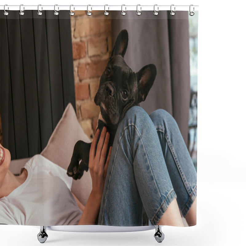 Personality  Cropped View Of Happy Woman Touching Cute French Bulldog In Living Room Shower Curtains