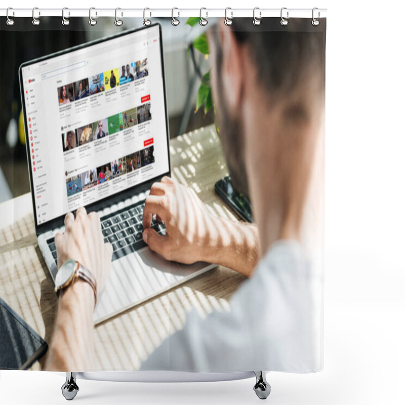 Personality  Back View Of Man Using Laptop With Youtube Website On Screen Shower Curtains