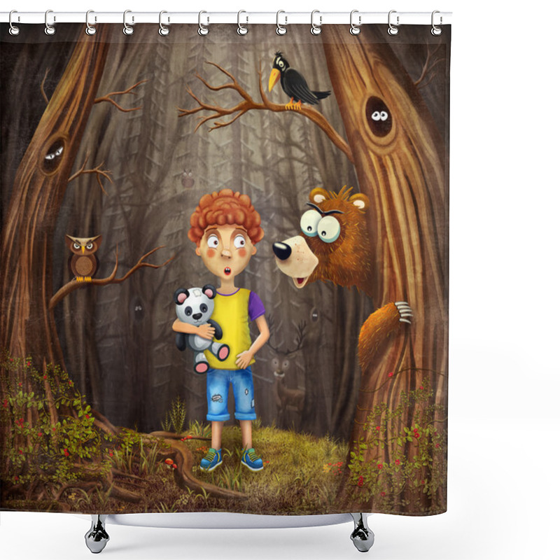 Personality  Little Boy With The Animals In The Wood Shower Curtains