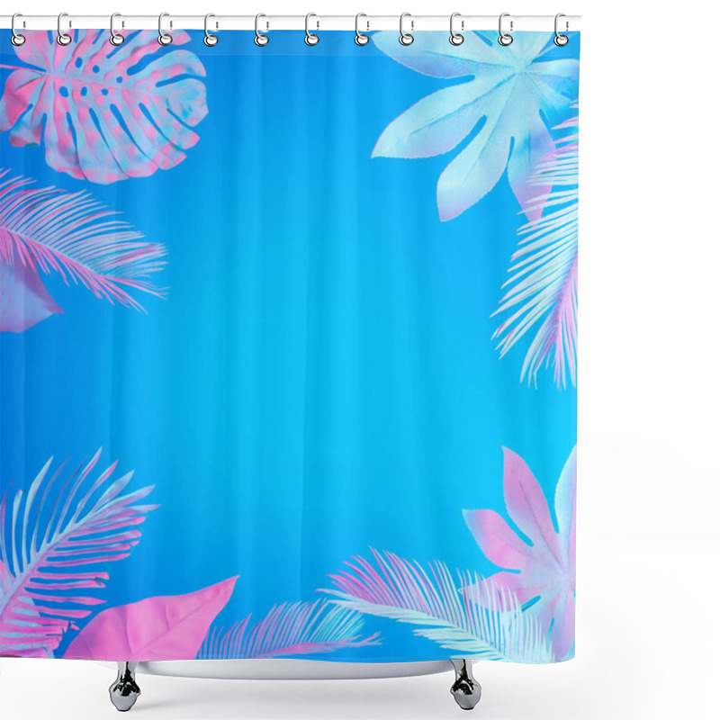 Personality  Minimal Surrealism Summer Background With Tropical And Palm Leaves In Vibrant Bold Gradient Holographic Neon Colors, Concept Art Shower Curtains