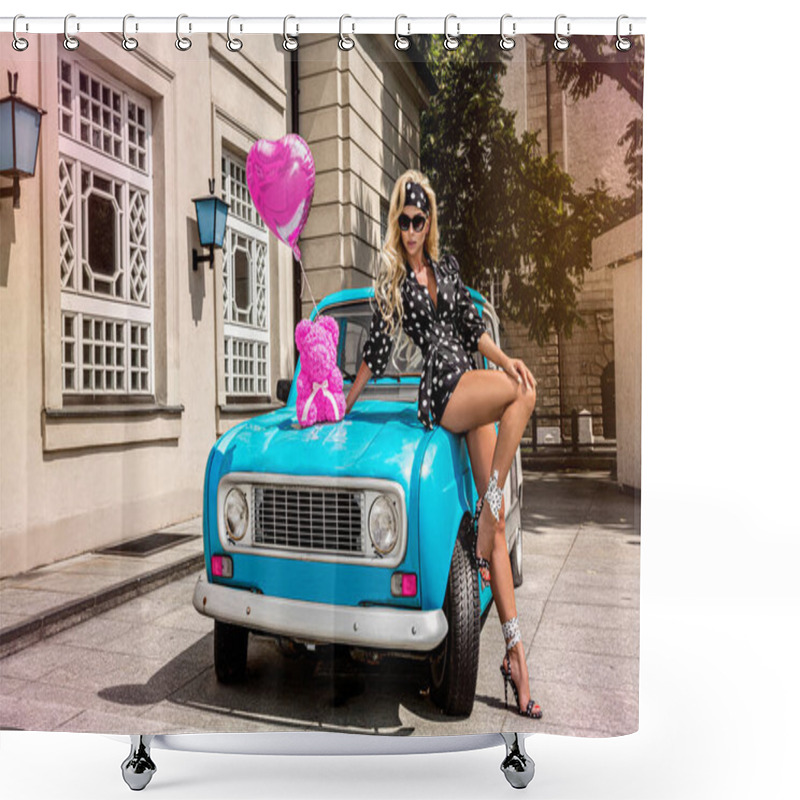 Personality  Polka Dots Fashion. Beautiful Blonde Young Woman Near The Car . Spring And Summer Fashion Model Concept. Rose Bear. Wedding Gift. Shower Curtains