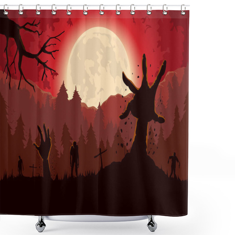 Personality  Silhouette Zombie Arm Out From Ground Of Grave In A Full Moon Night. Shower Curtains