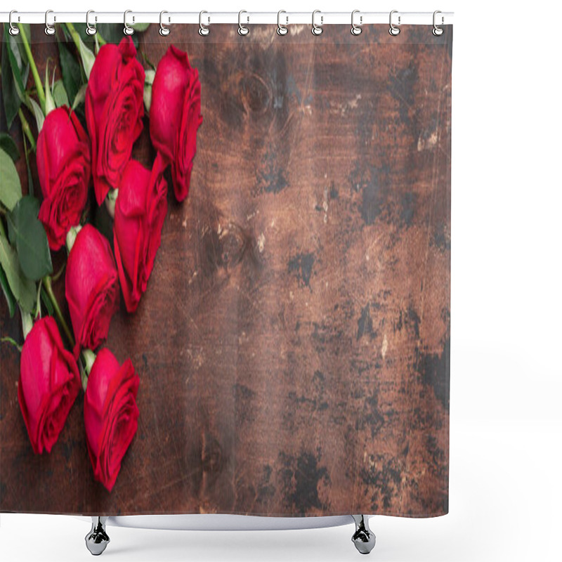 Personality  Red Rose Flowers Bouquet On Wooden Background Valentine's Day Horizontal Banner. Copy Space. Top View - Image Shower Curtains