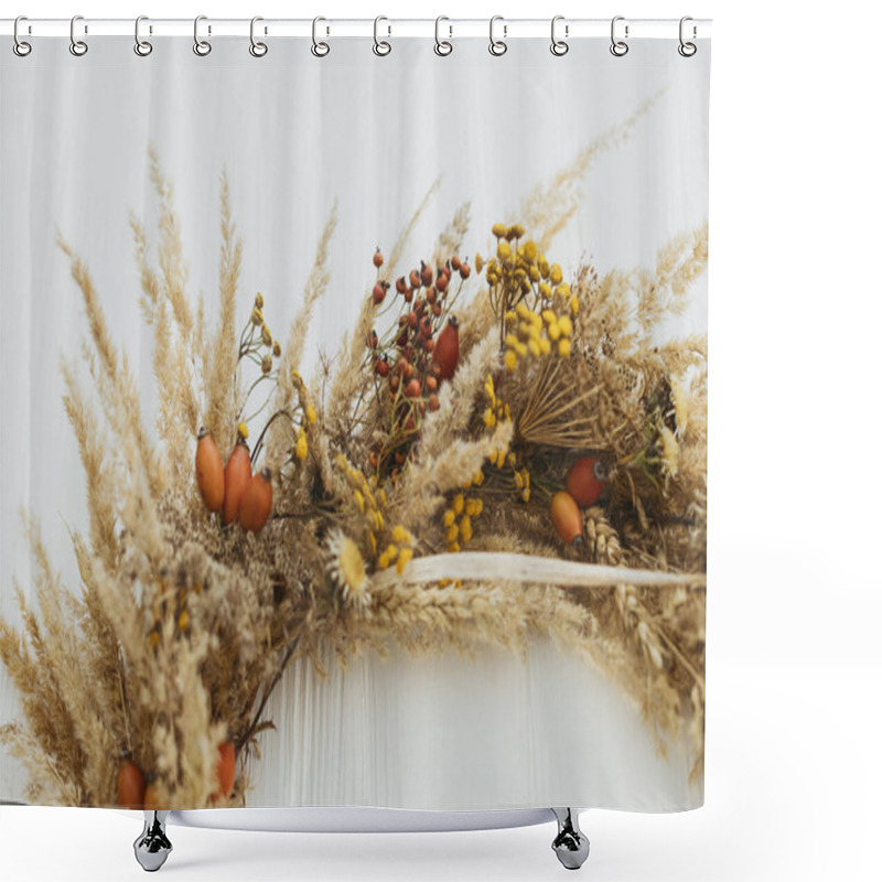 Personality  Stylish Autumn Rustic Wreath Close Up. Creative Boho Wreath With Dried Pampas Grass, Tansy Wildflowers, Wheat, Dog-rose Berries On White Wooden Table. Fall Decor Details Shower Curtains