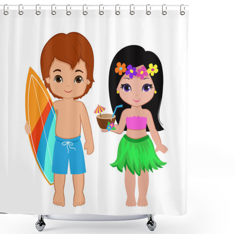 Personality  Illustration Of Cute Boy With Surfboard And Hawaiian Girl With Cocktail. Shower Curtains