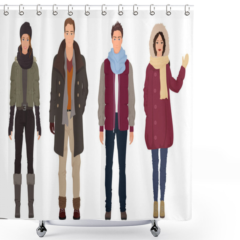 Personality  Handsome Young Guys With Beautiful Girls Models In Winter Warm Casual Modern Fashion Clothes Isolated. People Couples. Shower Curtains