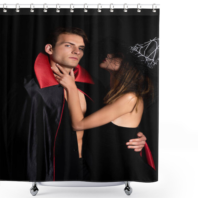 Personality  Woman In Witch Hat Touching Neck Of Man In Halloween Costume Isolated On Black  Shower Curtains