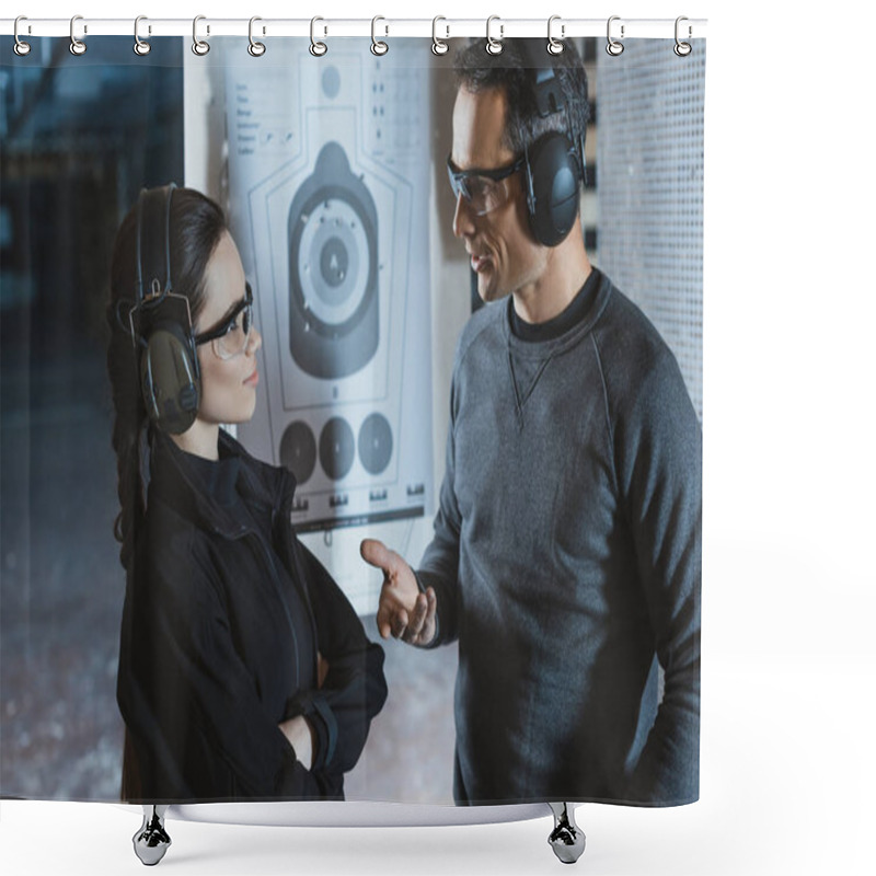 Personality  Shooting Instructor And Client Talking In Shooting Range Shower Curtains