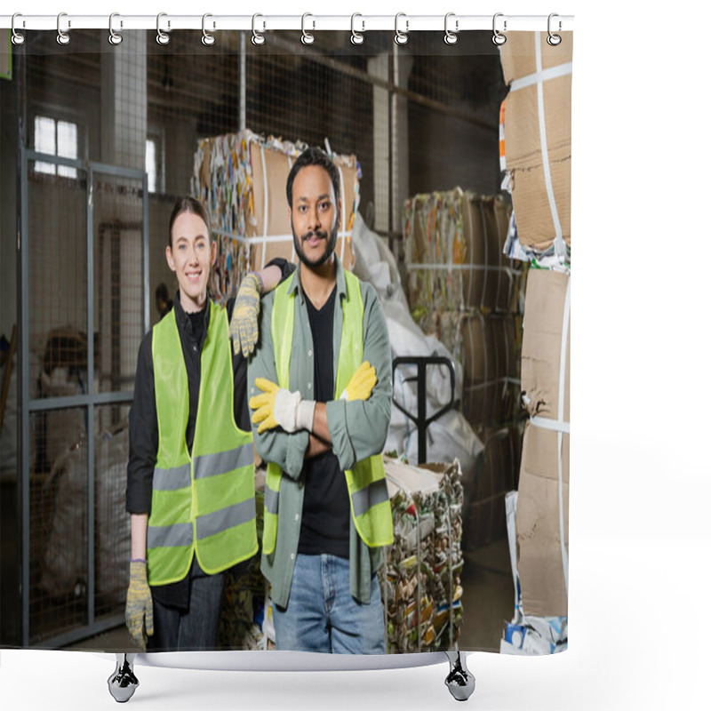 Personality  Smiling Young Worker In Protective Vest And Gloves Looking At Camera Near Indian Colleague Crossing Arms And Standing Near Waste Paper In Waste Disposal Station, Garbage Sorting And Recycling Concept Shower Curtains