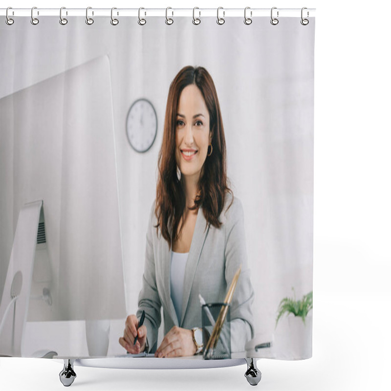 Personality  Beautiful, Smiling Secretary Looking At Camera While Sitting At Workplace Near Computer Monitor Shower Curtains