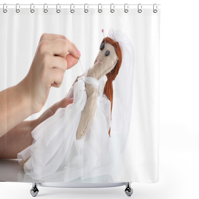 Personality  Voodoo Doll Girl-bride In The Hands Of Women Isolated On White Shower Curtains