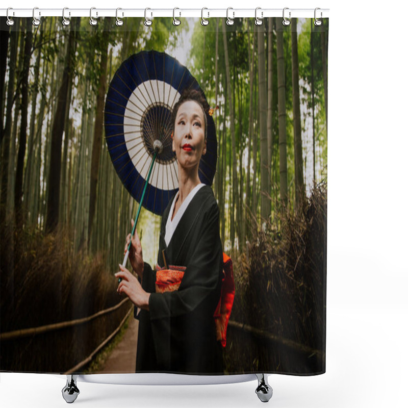 Personality  Beautiful Japanese Senior Woman Walking In The Bamboo Forest Shower Curtains