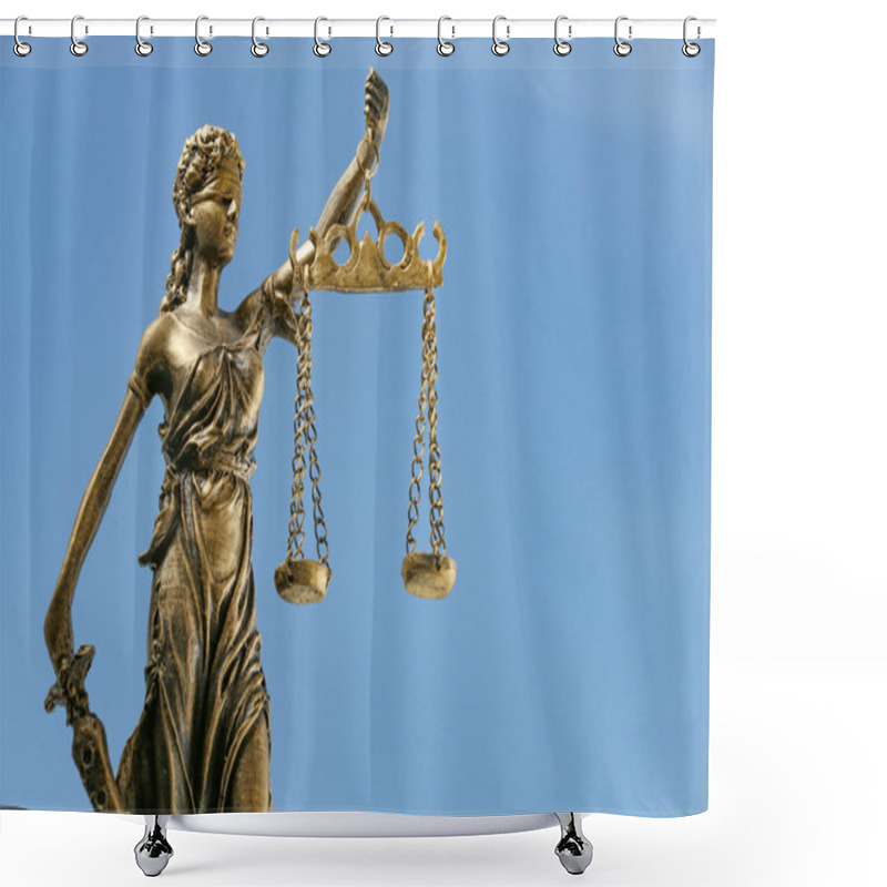 Personality  Symbol Of Fair Treatment Under Law. Figure Of Lady Justice Against Sky, Closeup With Space For Text Shower Curtains