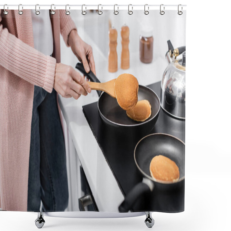 Personality  Cropped View Of Woman With Spatula Cooking Pancakes On Frying Pans Shower Curtains