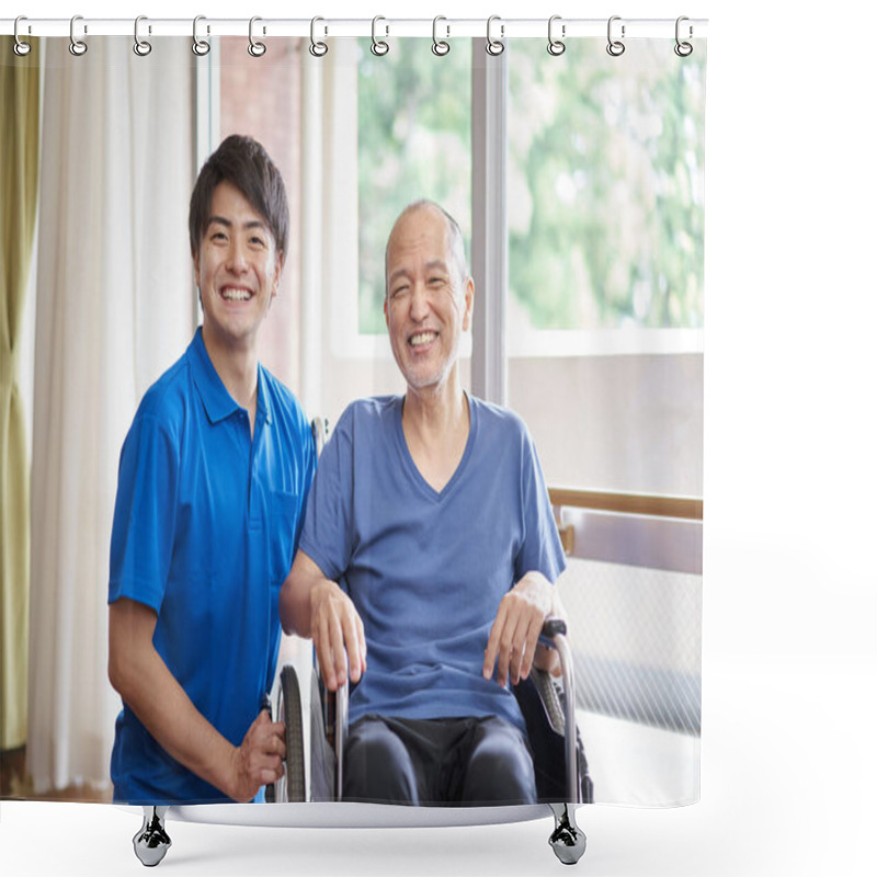 Personality  Wheelchair Riding Elderly And Caregivers Shower Curtains