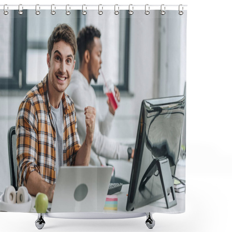 Personality  Happy Programmer Looking At Camera And Showing Winner Gesture While Sitting Near African American Colleague Shower Curtains