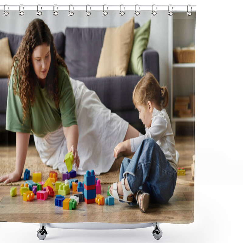 Personality  A Mother And Daughter Happily Engage In Creative Play As They Build With Bright Blocks Together. Shower Curtains