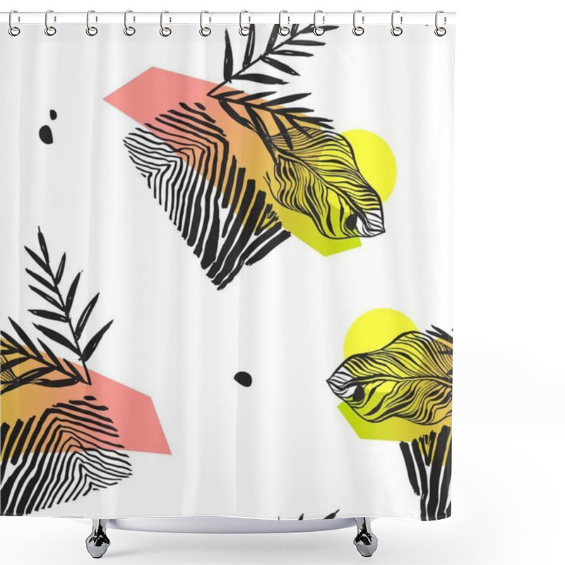 Personality  Hand Made Abstract Summer Exotic Jungle Plant Tropical Palm Leaves Seamless Pattern Isolated On White Background. Tribal Unusual Print With Wild Zebra Motif.Nature Wallpaper.Trendy Polka Dot Texture Shower Curtains