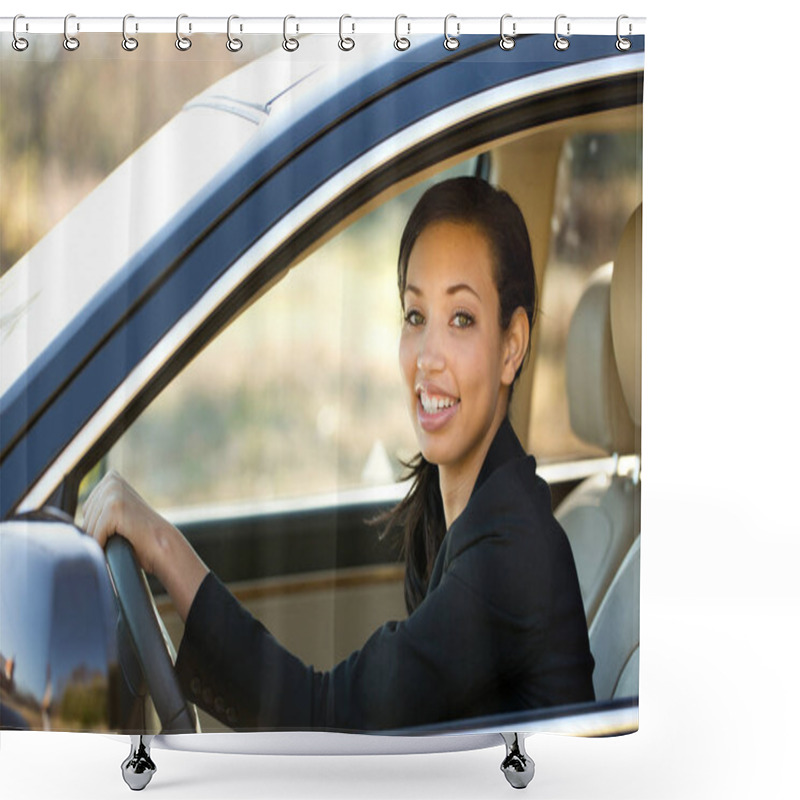 Personality  Business Woman Talking On Her Mobile Phone. Outside An Office Bussiness. Shower Curtains