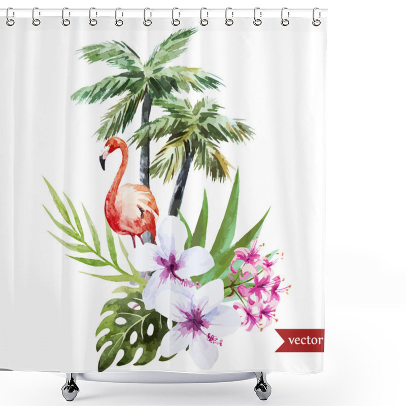 Personality  Flamingo With Palms And Flowers Shower Curtains