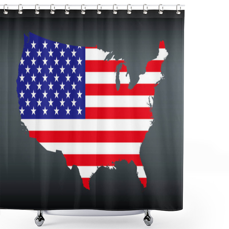 Personality  Silhouette Of The United States Map Filled With The American Flag, The Old Glory, Or Star-Spangled Banner. Stars And Stripes Stretched Across The Country Contours, Set Against Dark Gray Background. Shower Curtains