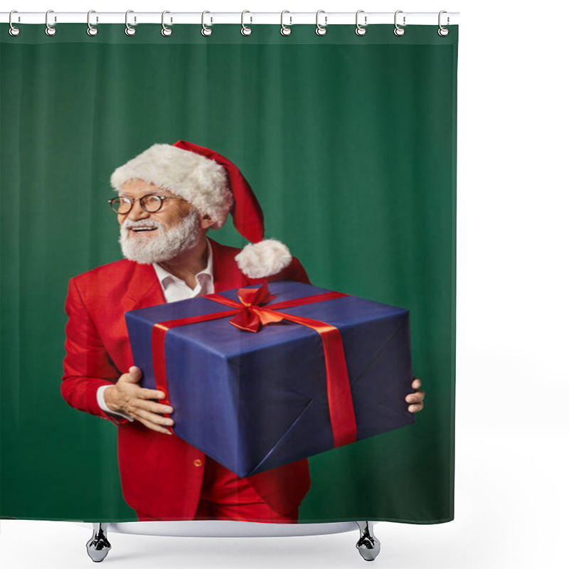 Personality  Cheerful Man Dressed As Santa Holding Huge Present Smiling And Looking Away, Christmas Concept Shower Curtains