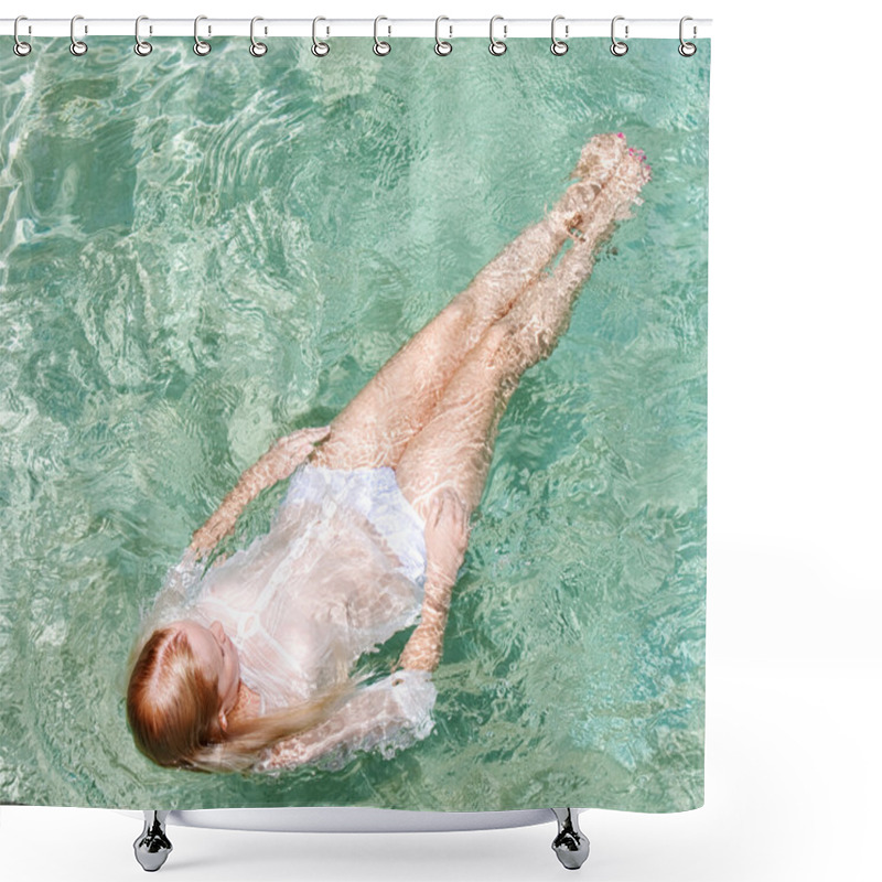 Personality  Young Woman Swimming In A Pool Shower Curtains