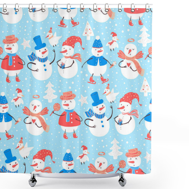 Personality  Vector Holidays Pattern With Snowman, Christmas Tree, Candy, Birds, Snowflakes, Gifts. Christmas And New Year Template For Design. Shower Curtains