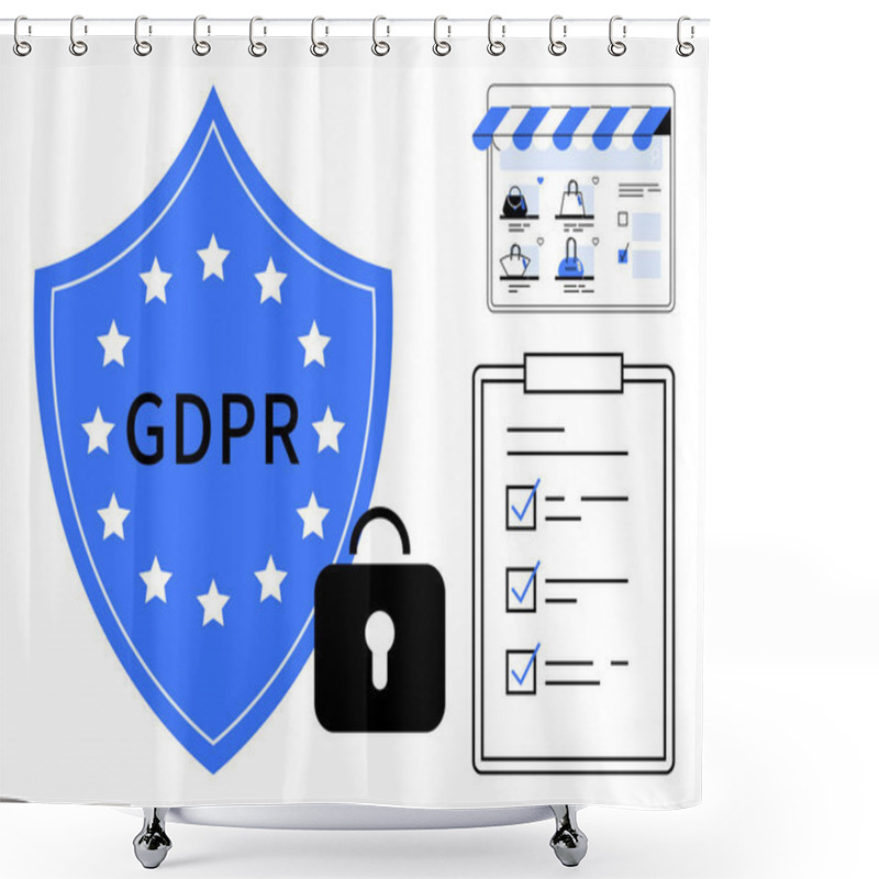 Personality  GDPR Compliance Shield, Lock Symbol, Compliant Website Layout, And Checklist With Blue Check Marks. Ideal For Data Privacy, Cybersecurity, Legal Compliance, Business Regulations, Online Security Shower Curtains