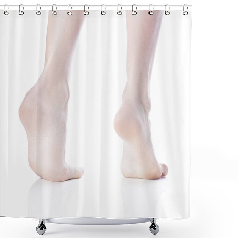 Personality  Back View Of Female Bare Feet Standing On Tiptoe On White Background Shower Curtains