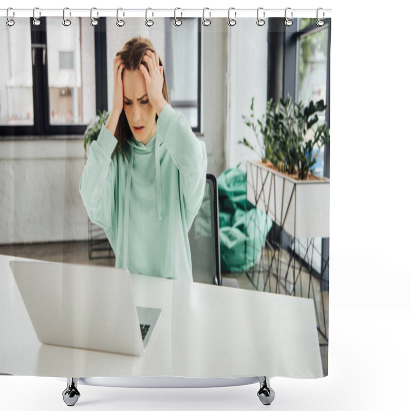 Personality  Upset Girl In Hoodie Sitting At Table And Touching Head While Using Laptop At Home Shower Curtains