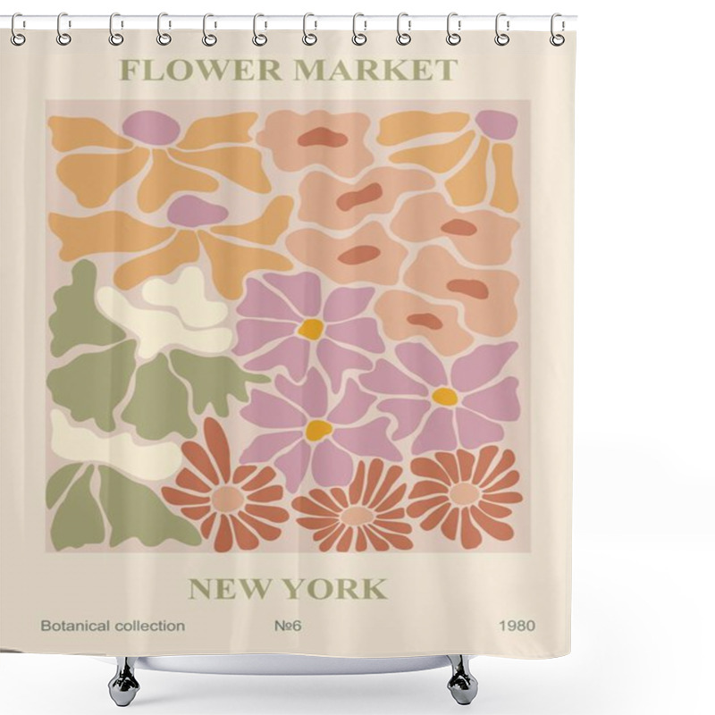 Personality  Abstract Poster - Flower Market New York. Trendy Botanical Wall Art With Floral Design In Danish Pastel Colors. Modern Hippie Naive Groovy Funky Interior Decoration, Painting. Vector Art Illustration. Shower Curtains