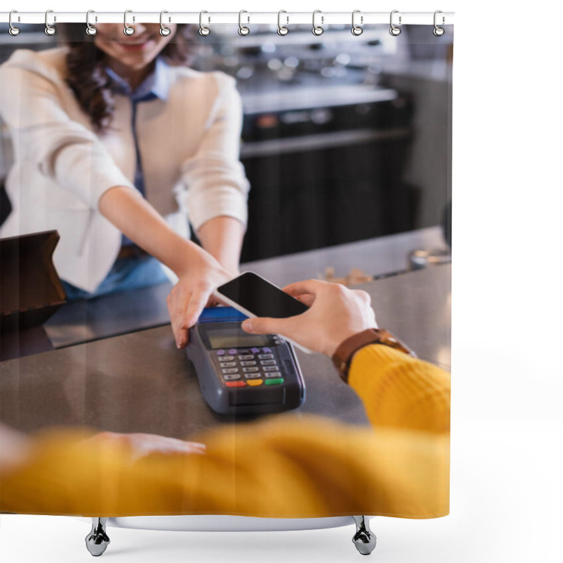 Personality  Cropped View Of Man Paying With Smartphone Near Barman With Payment Terminal In Restaurant  Shower Curtains